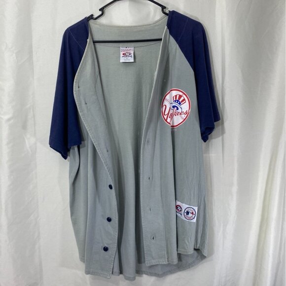 New York Yankees True Fan Baseball Jersey Large Gray & Navy Button-Up Cotton Ble - Picture 7 of 7